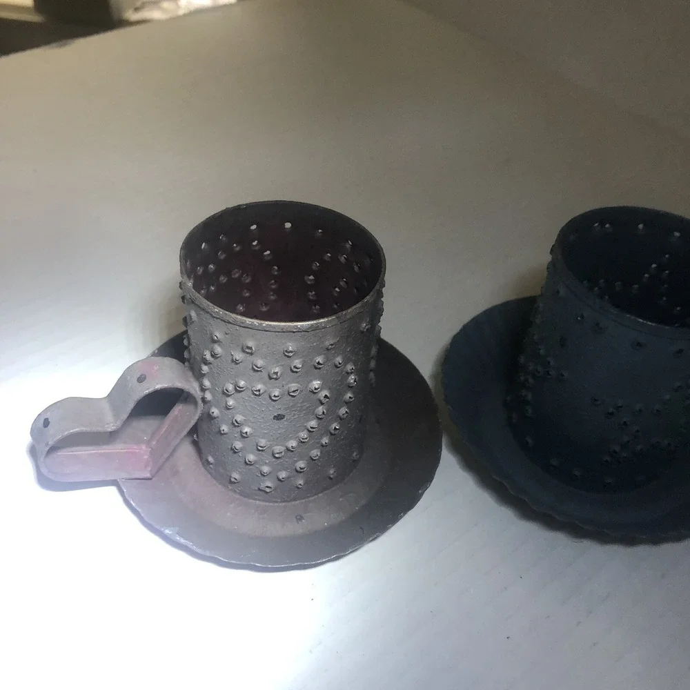 Nail Punched Metal Candle Holders Set Of 2 Vintage Heart Shaped Handle